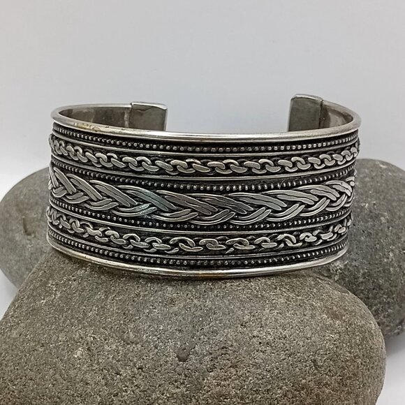 Vtg Braided Sterling Silver Cuff Bracelet 36g Unisex Made in India Boho Ethnic - Picture 1 of 7